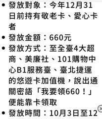 發放對象:今年12月31
者
日前持有敬老卡、愛心卡
發放金額:660元
●發放⋯⋯