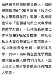 民進黨主席暨總統參選人、副總
統賴清德6月20日提出「拉近公
私立學雜費差距」政⋯⋯