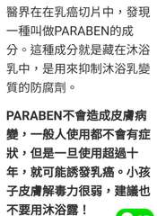 醫界在在乳癌切片中,發現
一種叫做PARABEN的成
分。這種成分就是藏在沐浴
⋯⋯