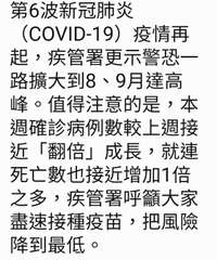 第6波新冠肺炎
(COVID-19)疫情再
起,疾管署更示警恐一
路擴大到8、9⋯⋯