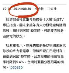 19:3。2014/08/30 | 中央社 | 中央社
經濟部長杜紫軍今晚接受 ⋯⋯