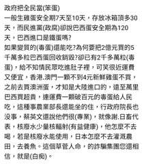 政府把全民當(笨蛋)
一般生雞蛋安全期7天至10天,存放冰箱頂多30
天,而民進⋯⋯