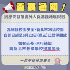 ★重要通知!
因應受監護處分人從基隆地區脫逃
為維護校園安全,新北市29區校園
⋯⋯