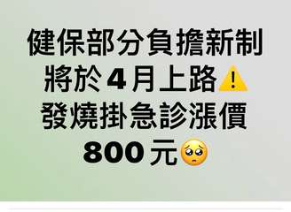 健保部分負擔新制
將於4月上路!
發燒掛急診漲價
800元
