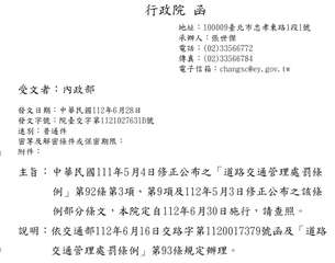 丁
行政院 函
受文者:內政部
發文日期:中華民國112年6月28日
發文字號:⋯⋯