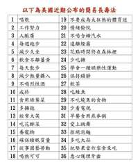 以下為美國近期公布的簡易長壽法
唱歌
2
工作努力
人脈廣
4 每週跑步
5
減⋯⋯