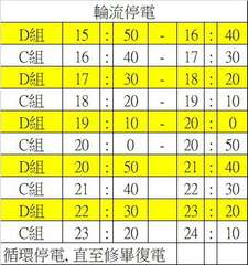輪流停電
D組
15: 50
C組
16: 40
D組
17: 30
C組 18⋯⋯