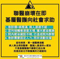 聯醫崩壞在即
基層醫護向社會求助
1. 急診爆+病房滿, 病人源源不絕
2. 匡⋯⋯