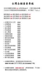 台灣各類重要專線
全球手機緊急救難 112 (即使無SIM卡,只要手機尚有電
力⋯⋯