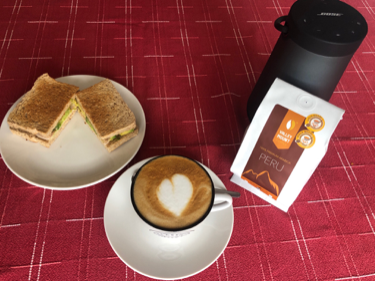 Morning with a great cappuccino prepared with a top Peruvian Arabica coffee (Valleymount Coffee blend of washed and natural) a delicious Avocado and ham sandwich and good music! stay at home and enjoy!...