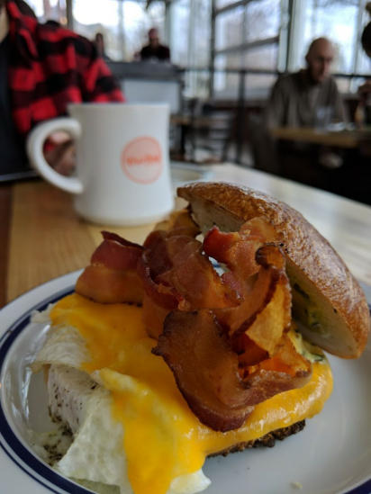 Bacon, egg, and cheese bagel with coffee is the best!