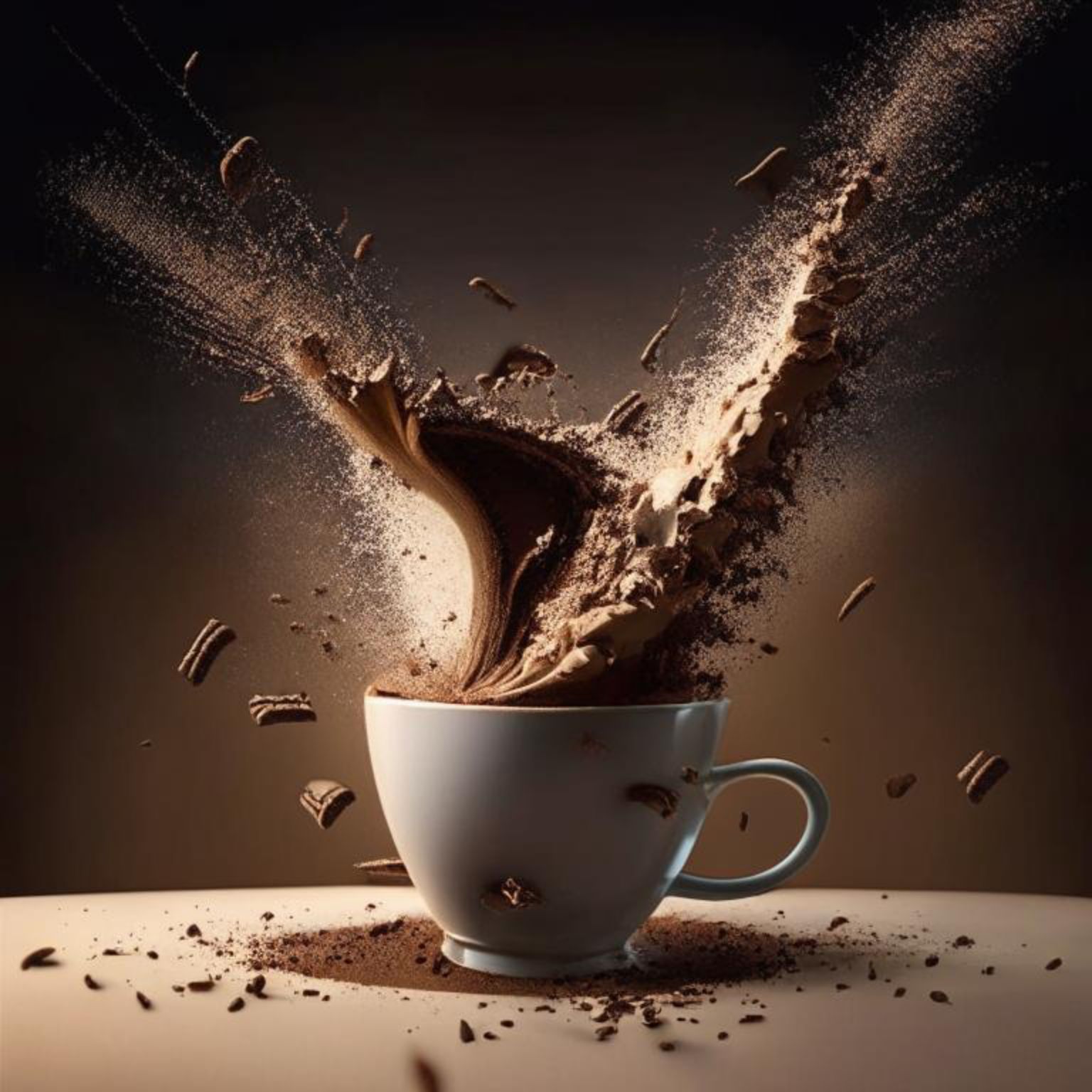 The picture was created by AI on request explosive coffee in my cup