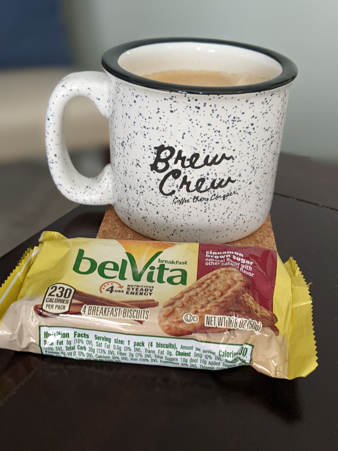 Enjoying some coffee and a breakfast bar after early morning meetings