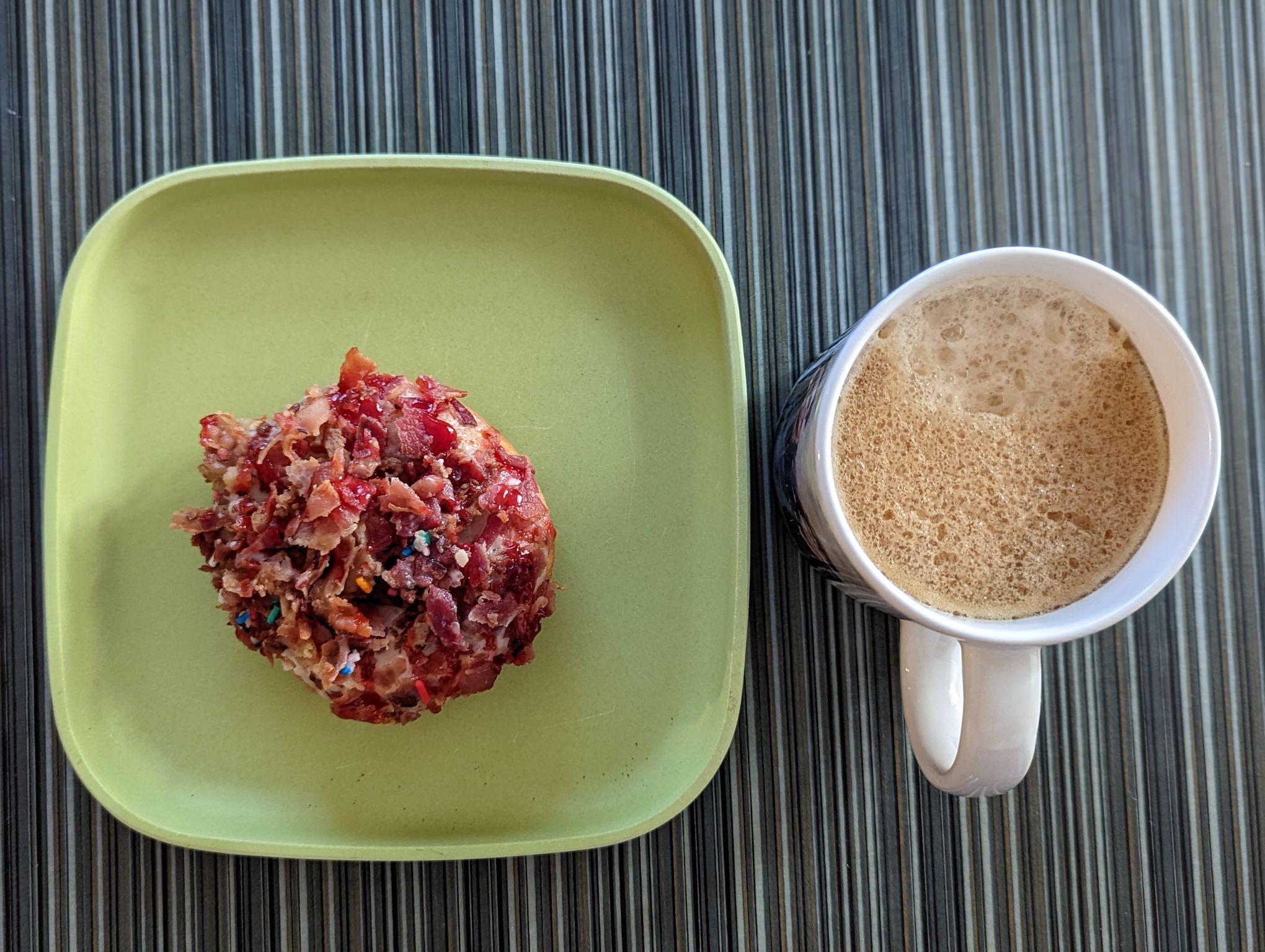 Time to pair a great coffee with a great Duck Donut: maple bacon on a glazed donut with raspberry drizzle.

Medium fine grind in refilled Nespresso Vertuo capsule