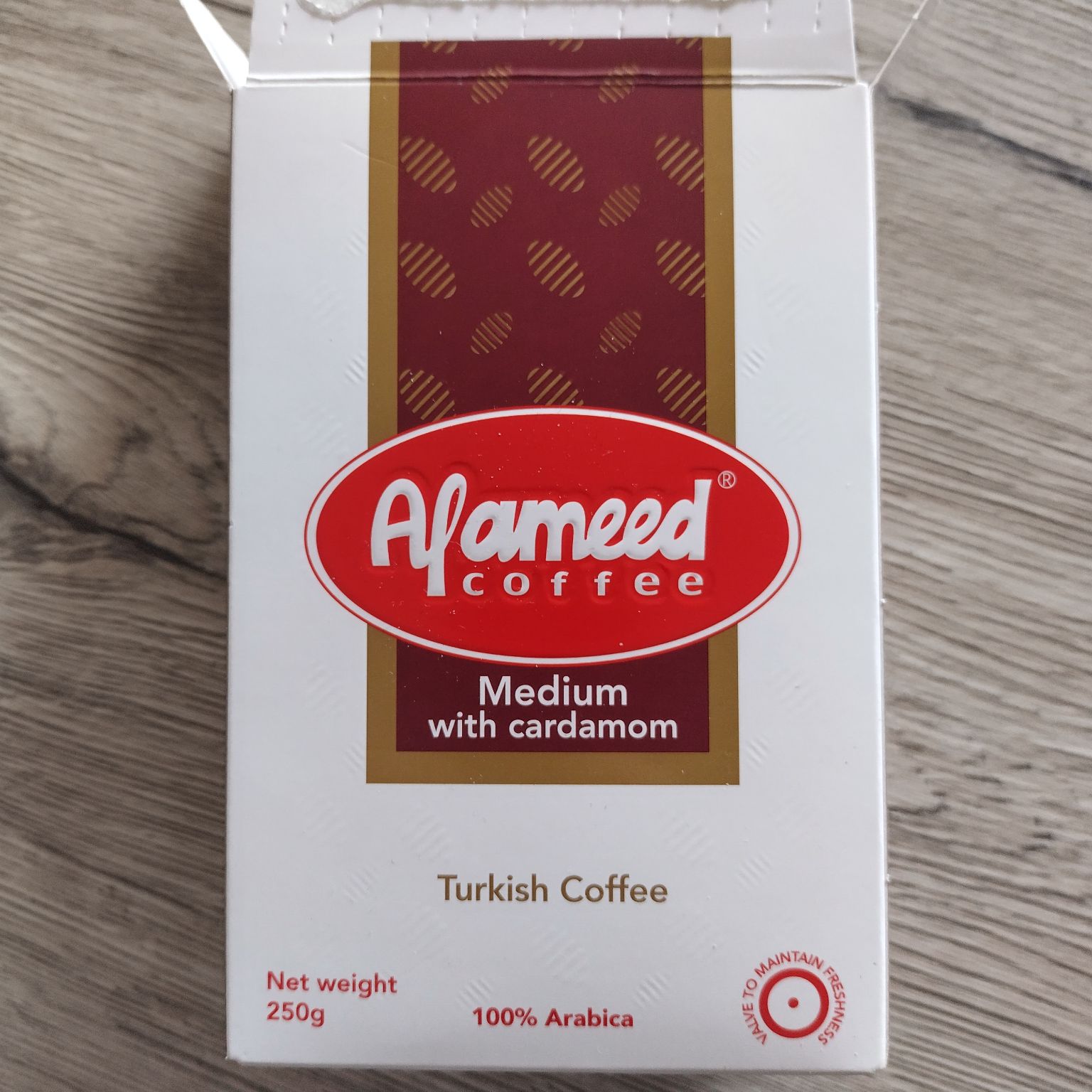 From Jordan, coffee with cardamom. Prepared it in my coffee pan (ibrik) after looking at Youtube how to prepare. Very nice! 