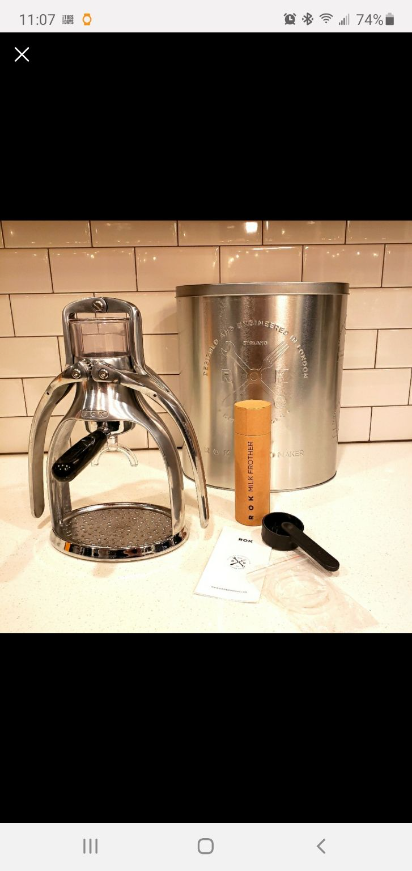 New toy, cool addition to my coffee maker collection. Its a manual espresso press. Comes with all you see in a neat metal container, plus a manual frother.