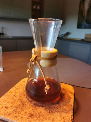 A fruity coffee from Costa Rica brewed on the smallest Chemex is the first cup of the day. 