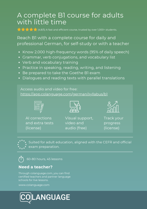 Learn German B1 intermediate. Complete course with app and exercises