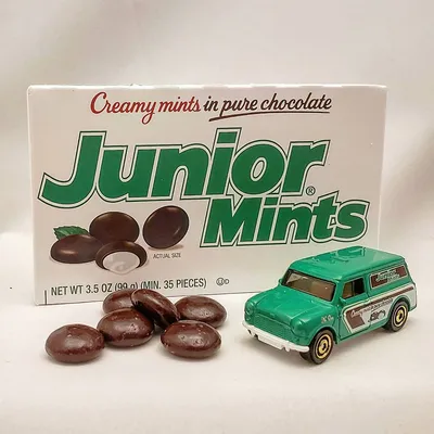 Matchbox Candy Car Series No. 5 of 6 - 1965 Austin Mini Van in Junior Mints livery.  Junior Mints are great for snacking