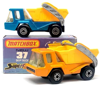 1975 Matchbox No. 37 - Atlas Skip Truck - rare blue and rare orange versions.
