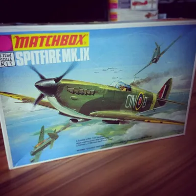 Matchbox Spitfire Mk. IX, first edition box from 1972. Box art by Roy Huxley. It's still got the original price sticker.