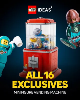 LEGO Ideas 21358 Minifigure Vending Machine (1343 pcs, 169.99€, 01/06/2025) : gros plan sur les 16 minifigs exclusives p