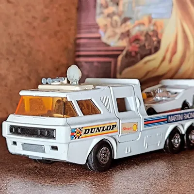 Matchbox Super Kings Martini Racing Car Transporter escorted by two construction Transporters...What do you think?#match