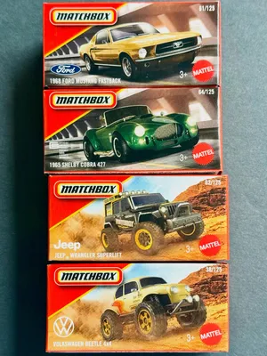 2026 Matchbox Power Grabs: 1968 Ford Mustang Fastback, number 61/125. 1965 Shelby Cobra 427, number 64/125. Jeep Wrangle