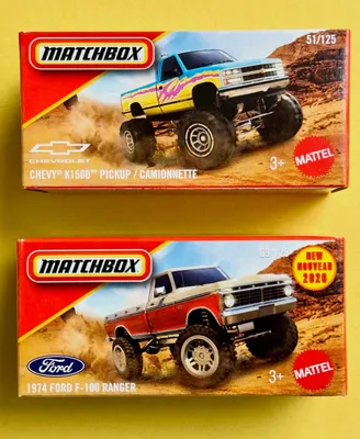2026 Matchbox Power Grabs: Chevy K1500 Pickup, number 51/125. 1974 Ford F-100 Ranger, number 69/125. MBX trucks are kill