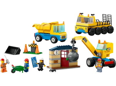 Construction Trucks and Wrecking Ball Crane