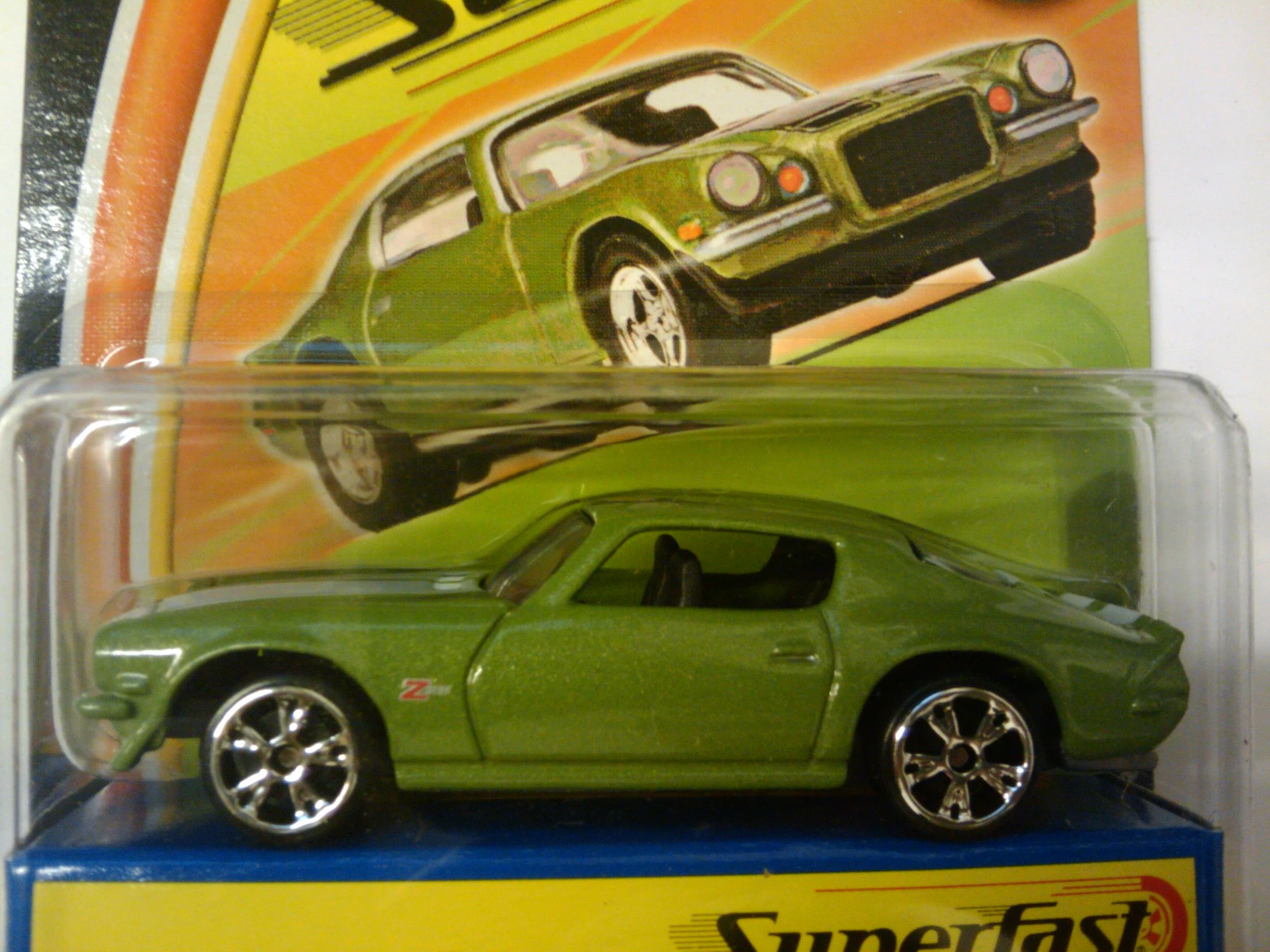 71 Camaro Z-28 (Metalflake Olive Green, White hood and trunk stripes, Silver hea…)