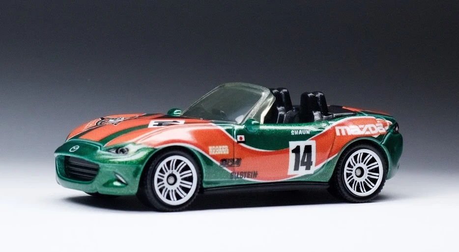 2015 Mazda MX-5 Miata (Metalflake Green, Detailed trim, Red stripes, #14, sponsor…)