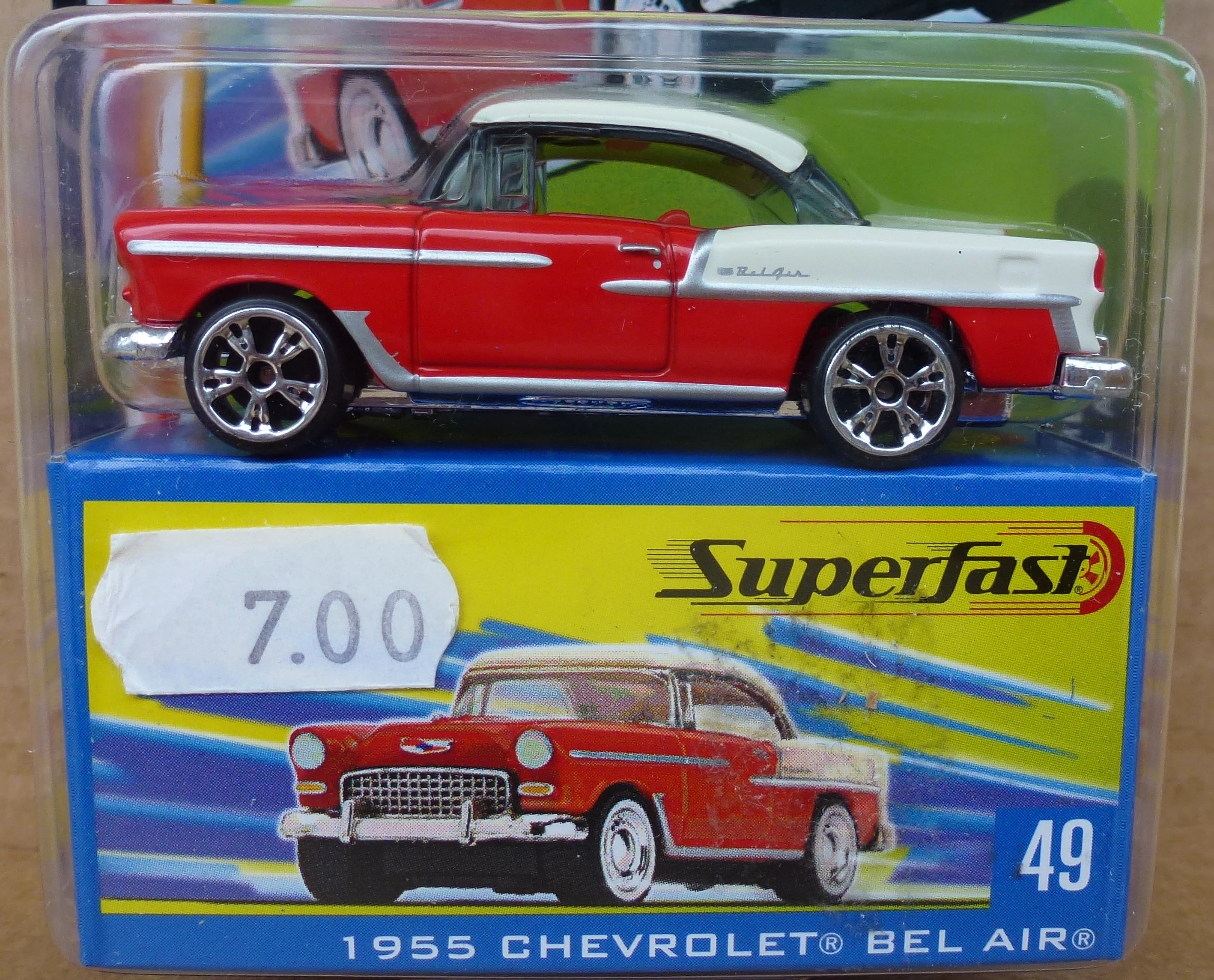 1955 Chevy Bel Air (Red and Off White, Silver headlights, Red taillights, trim…)