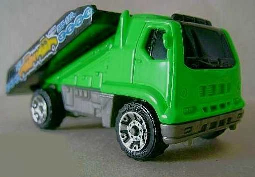 Car Carrier / Auto Shuttle (Lime Green, Two crashed cars on side of bed, "555-12…)
