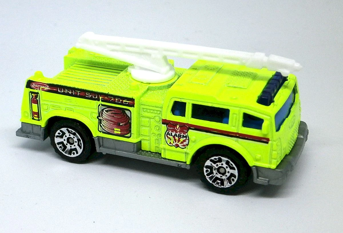 Boom Fire Truck / Fire Quencher (Neon Yellow, ALARM, UNIT SJL-706, Matchbox logo, fire…)