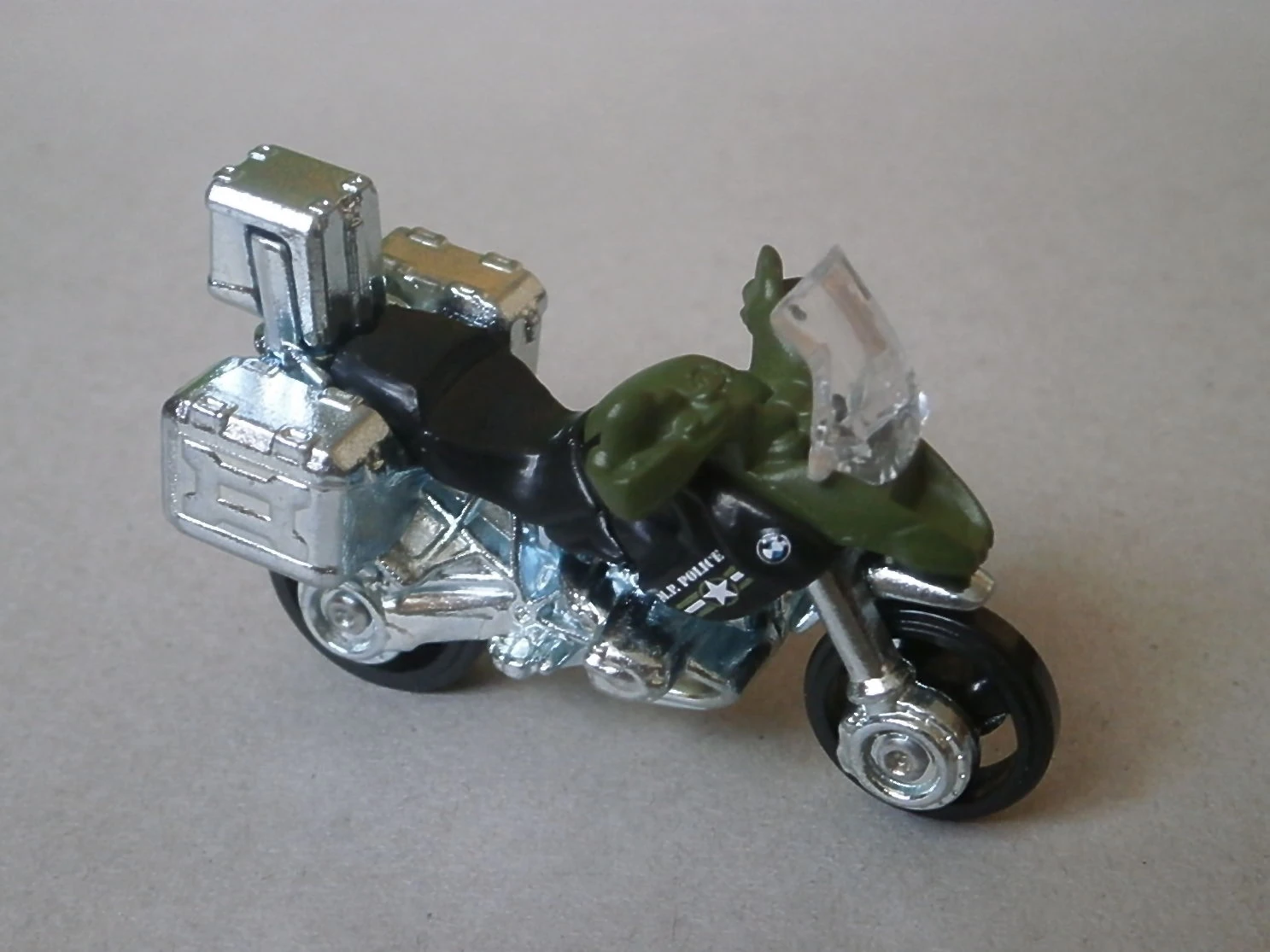 BMW R1200 GS Motorcycle (Matte Olive Green & Black, BMW logo, White star, M.P. POLICE)