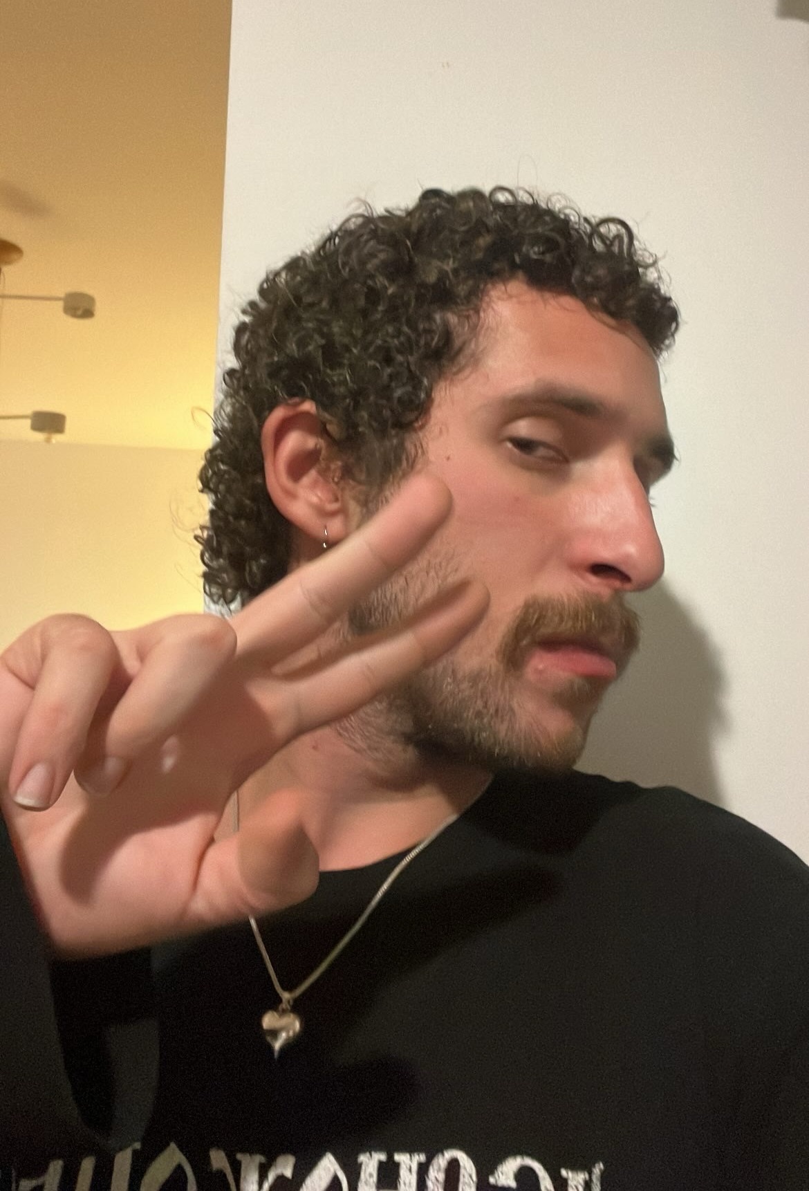 A man with curly hair and a mustache poses for a selfie, flashing a peace sign. He is wearing a black shirt.