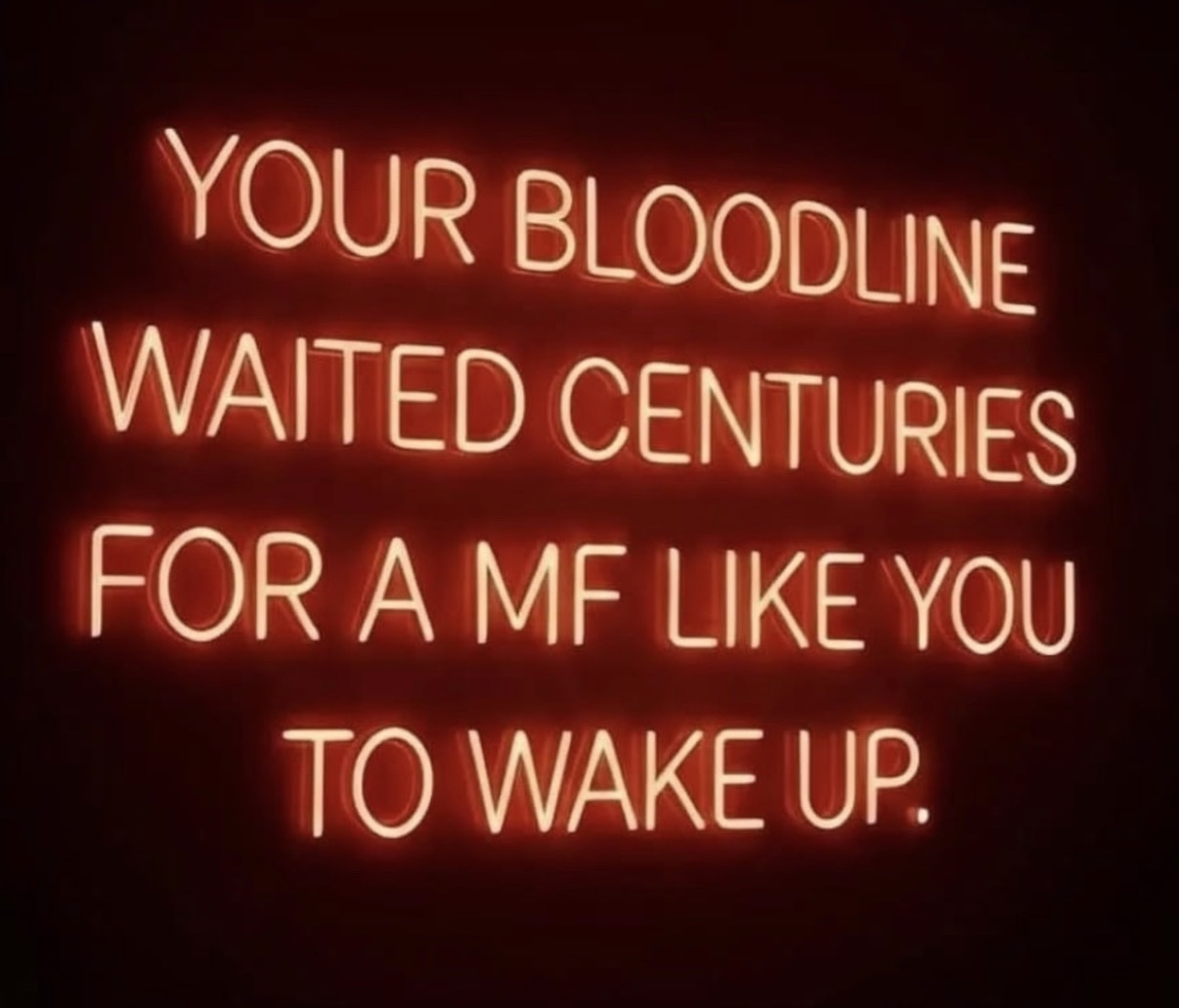 A neon sign glows with the words "YOUR BLOODLINE WAITED CENTURIES FOR A MF LIKE YOU TO WAKE UP."