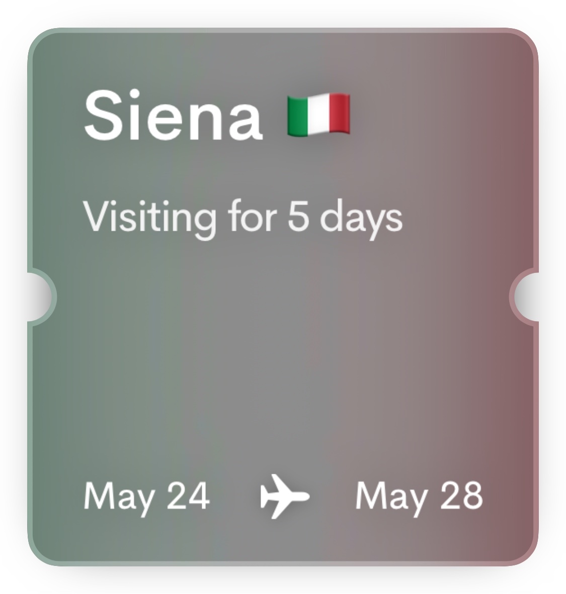 A graphic displays travel information for Siena, Italy, indicating a visit from May 24 to May 28 for 5 days. The Italian flag is shown next to the city name.