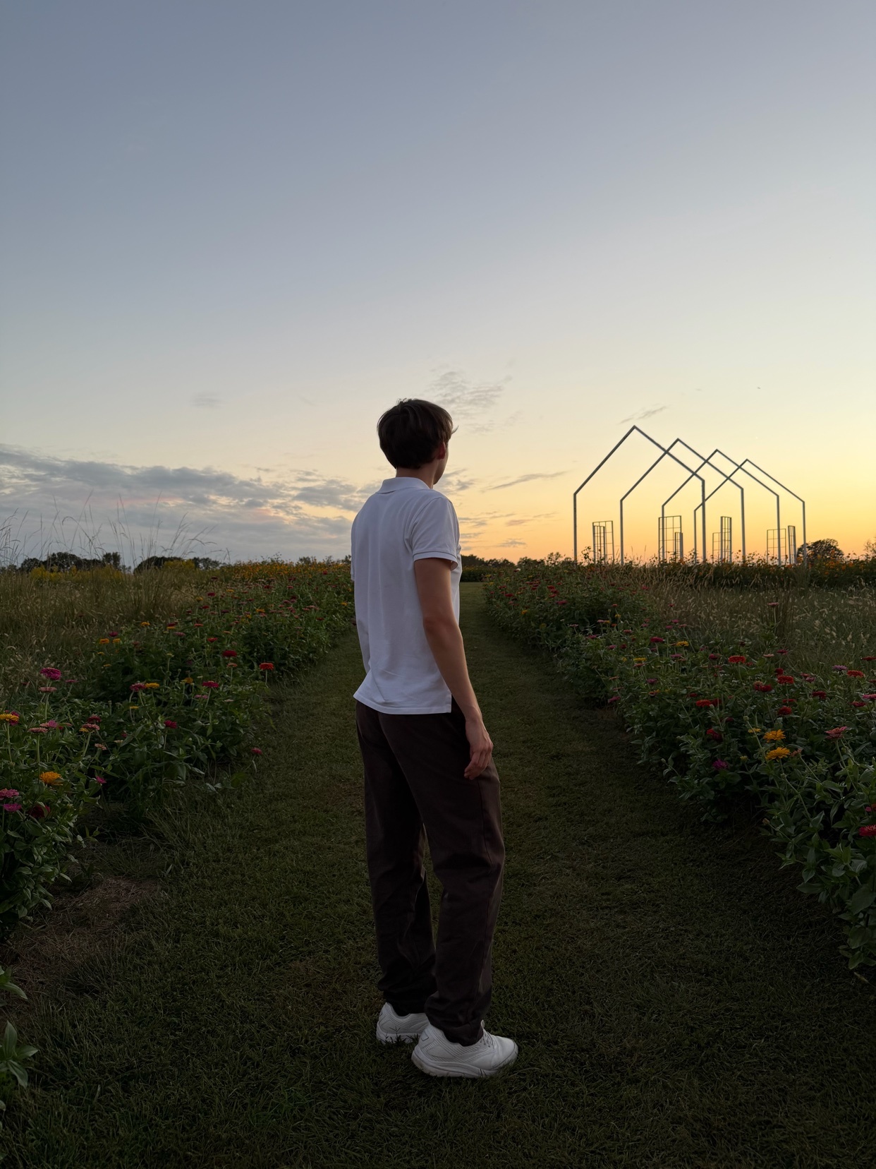 A man stands in a grassy field with flowers on either side, looking towards a sunset with a series of abstract architectural structures in the distance.