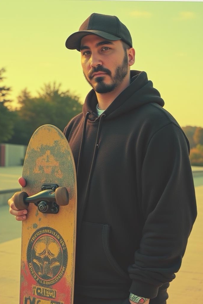 A man with a beard and stubble poses with a skateboard in a park. He is wearing a black hoodie and a black baseball cap.