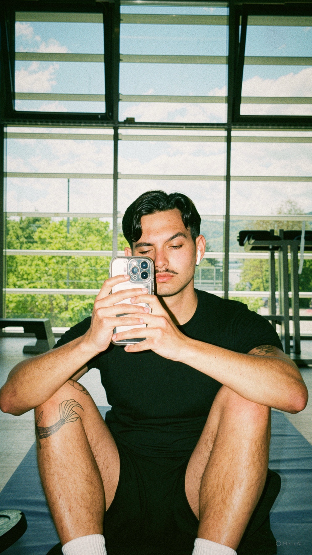 A man with a mustache and tattoos takes a selfie in a gym, holding his phone in front of him. He is wearing a black t-shirt and shorts, sitting on a yoga mat with large windows behind him.