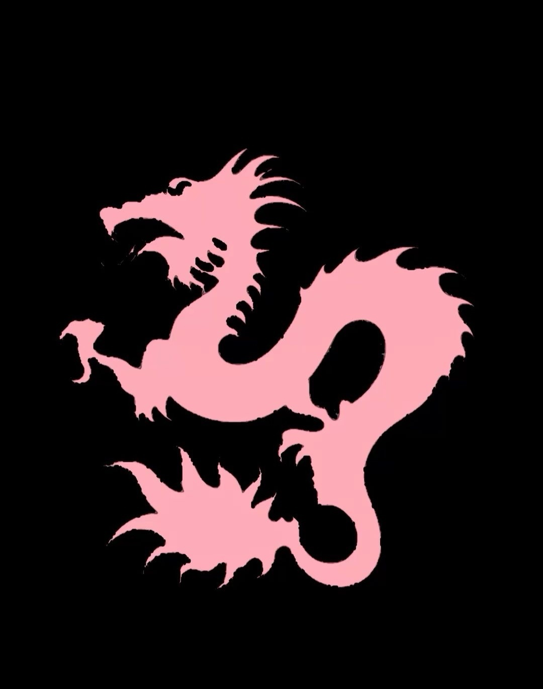 A pink dragon illustration against a black background. The dragon is stylized and detailed.