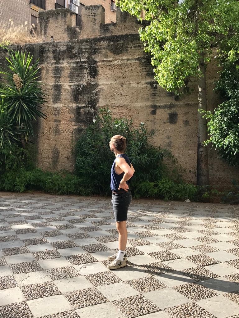 A man stands in a courtyard with a checkered stone floor, looking away from the camera towards a textured stone wall and lush greenery.