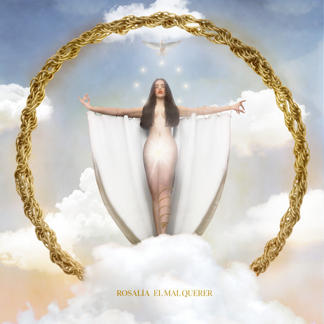 A woman is depicted as a goddess, emerging from clouds with her arms outstretched. A golden chain frames the surreal scene, with a dove flying above her head.
