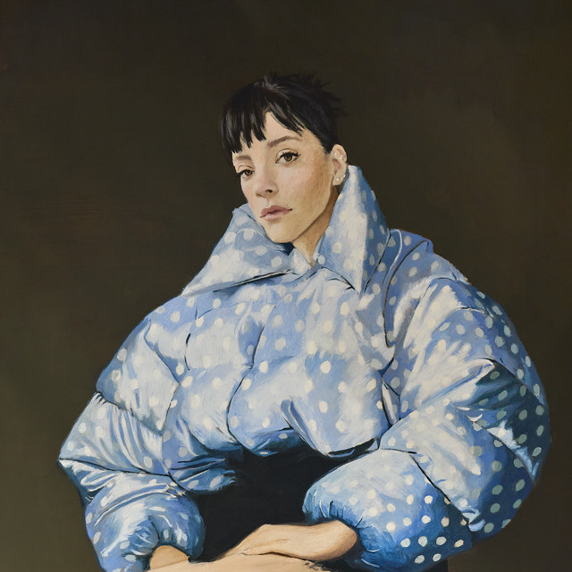 A portrait of a woman wearing a blue polka dot jacket. The painting has a modern aesthetic.