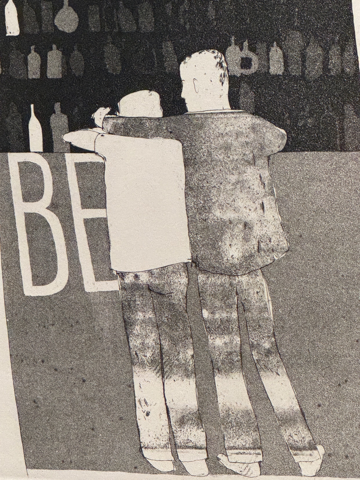 An illustration depicts two men standing at a bar with their arms around each other. The background shows shelves filled with bottles, and the word "BE" is visible on the counter.