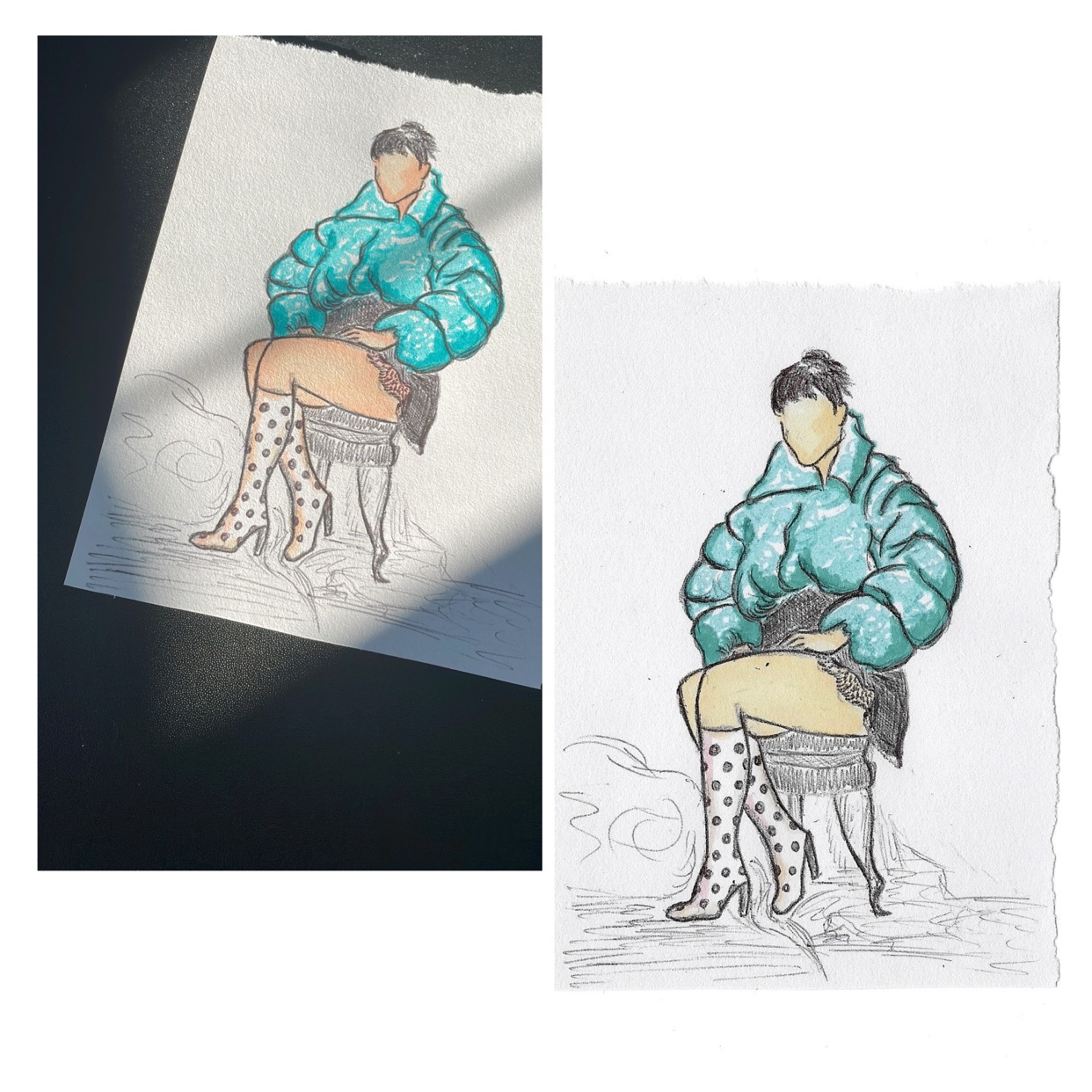 An illustration of a woman wearing a teal puffer jacket and polka dot boots. The artwork is a fashion illustration with a unique style.