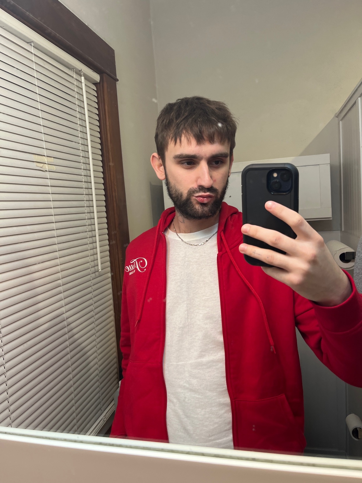 A man takes a mirror selfie in a bathroom. He is wearing a red hoodie and a white t-shirt.