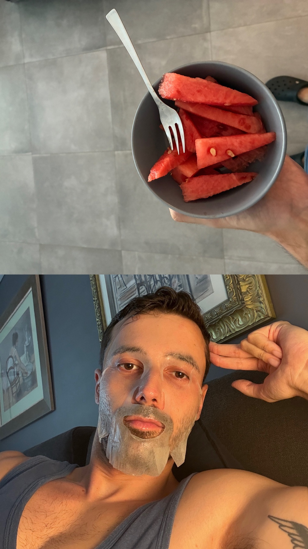 A split image shows a man applying a face mask in the bottom panel, while the top panel displays a bowl of sliced watermelon with a fork.
